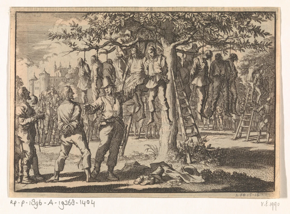 Gevangen genomen boeren bij Hasingen door de Zweden in een boom gehangen, 1633 by Jan Luyken, print, 1698