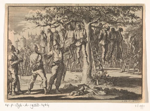 Gevangen genomen boeren bij Hasingen door de Zweden in een boom gehangen, 1633 by Jan Luyken, print, 1698