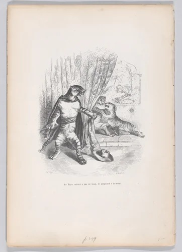 The Tiger entered stealthily, the dagger in his hand, from "Scenes from the Private and Public Life of Animals" by J. J. Grandville, print, 1832-1852