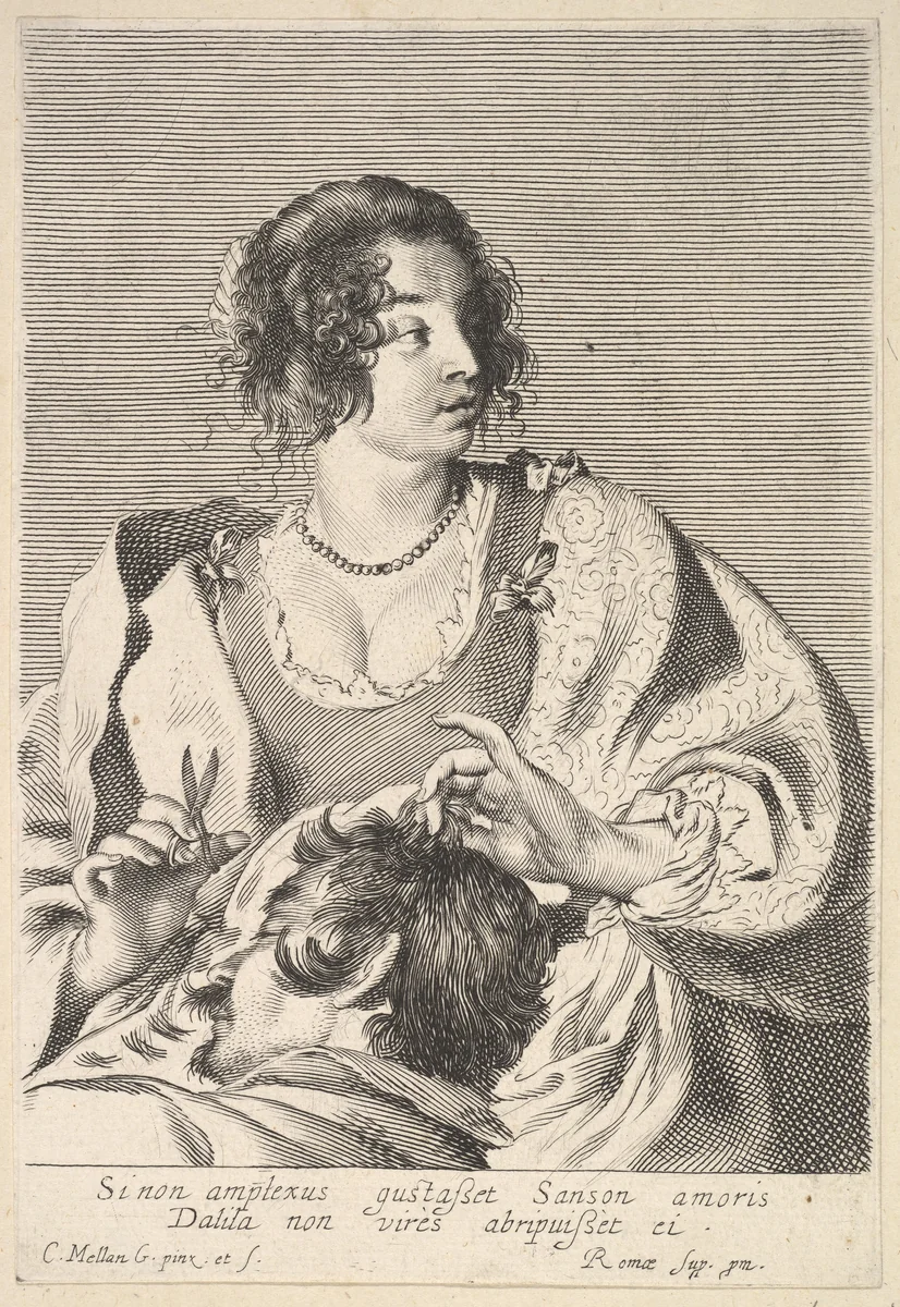 Delilah preparing to cut Samson's hair with scissors in her right hand, below her chest are the head and shoulders of the sleeping Samson by Claude Mellan, print, 1629