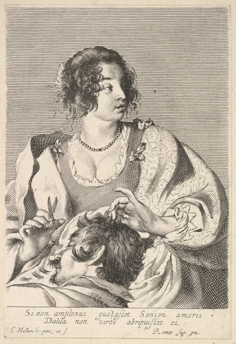 Delilah preparing to cut Samson's hair with scissors in her right hand, below her chest are the head and shoulders of the sleeping Samson by Claude Mellan, print, 1629