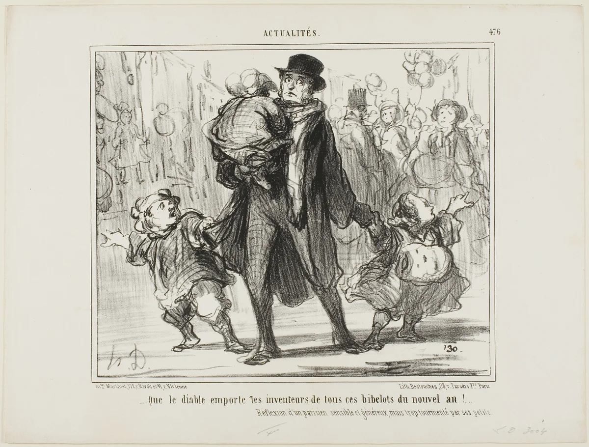“- May the devil get the inventor of all these New Year's presents!” Reflection of a sensitive, generous but tormented Parisian father, plate 476 from Actualités by Honoré-Victorin Daumier, print, 1858