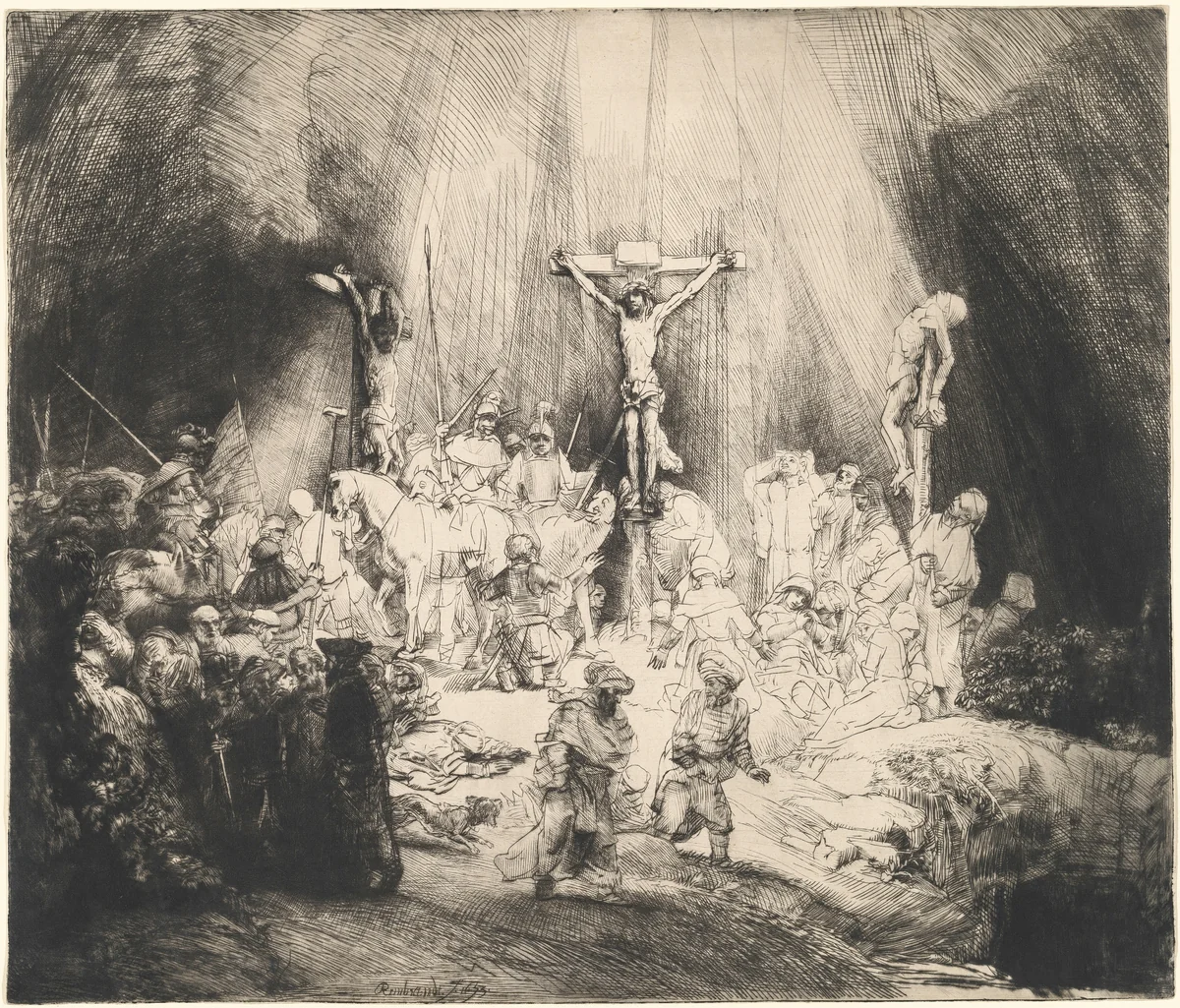Christ Crucified between the Two Thieves (The Three Crosses) by Rembrandt van Rijn, print, 1653