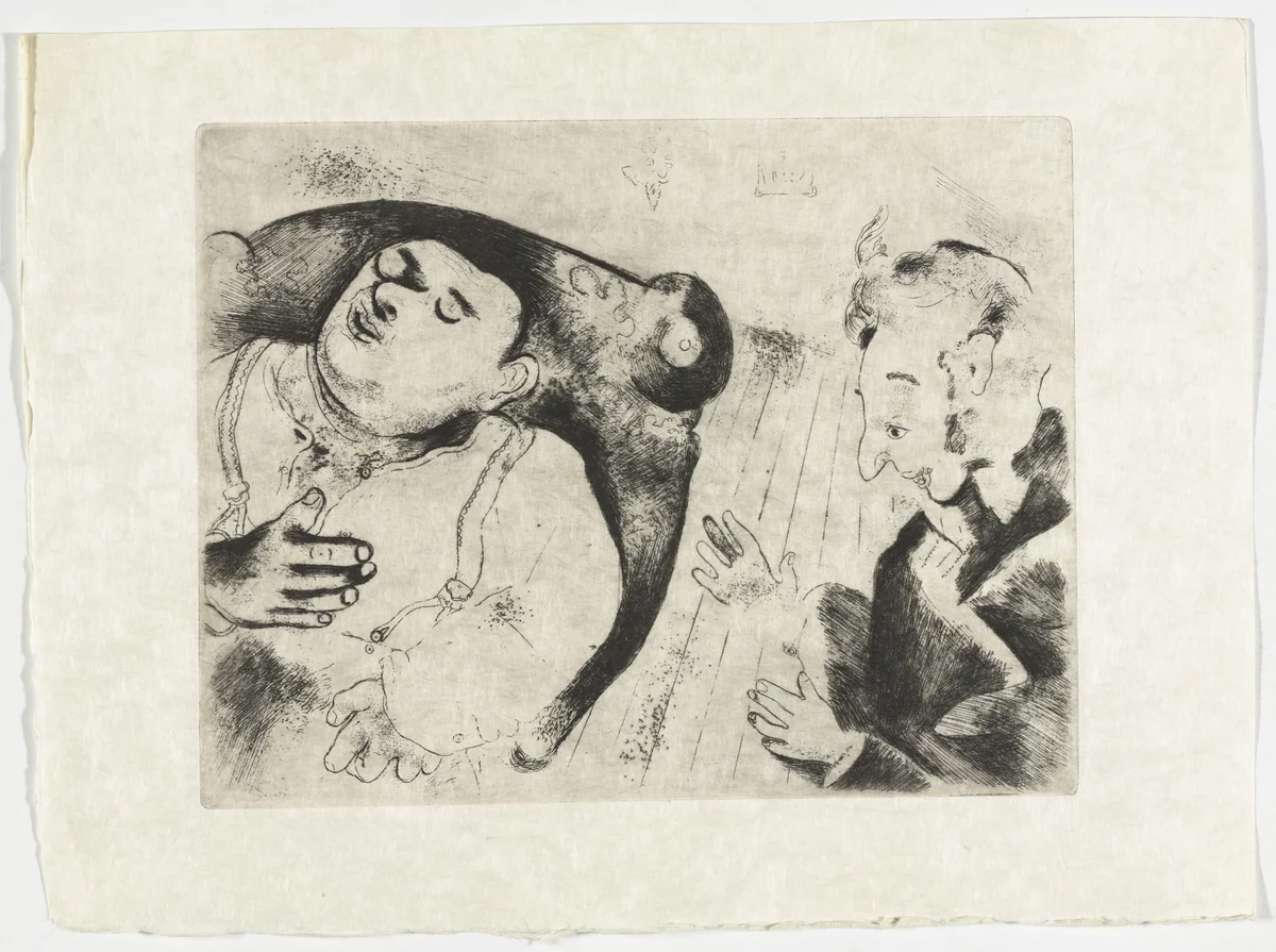 Tchitchikov and Sobakévitch Discuss Business (Tchitchikov et Sobakévitch discutent affaires), plate XXXVII (supplementary suite) from Les Âmes mortes by Marc Chagall, illustrated book, 1923