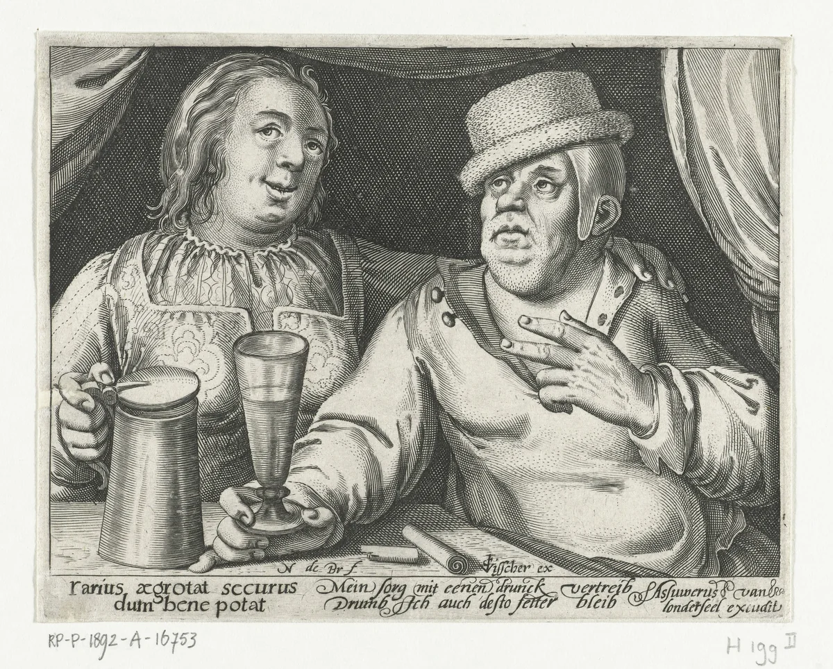 Drinkende man en vrouw by Unknown, print, 1581-1656