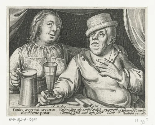 Drinkende man en vrouw by Unknown, print, 1581-1656