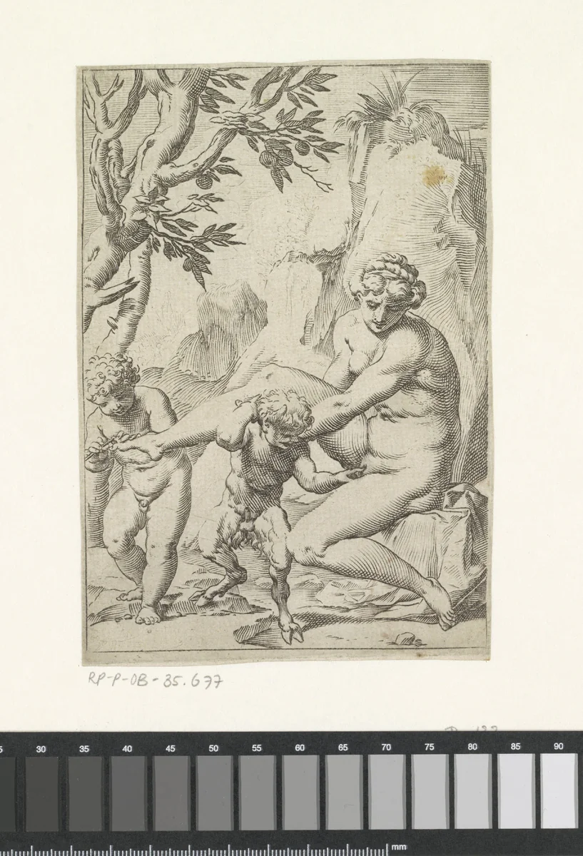 Nimf, putto en jonge sater by Agostino Carracci, print, 1590-1595