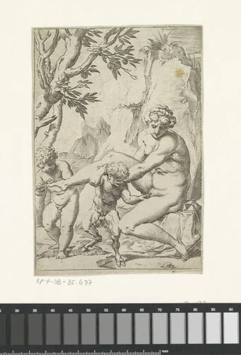 Nimf, putto en jonge sater by Agostino Carracci, print, 1590-1595