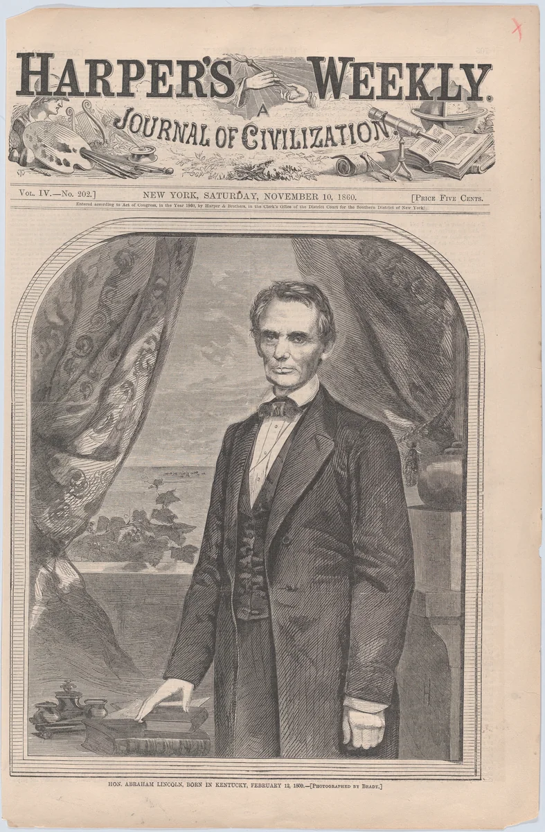 Hon. Abraham Lincoln, born in Kentucky, February 12, 1809 (from "Harper's Weekly," Vol. IV) by Mathew Brady, print, 1860