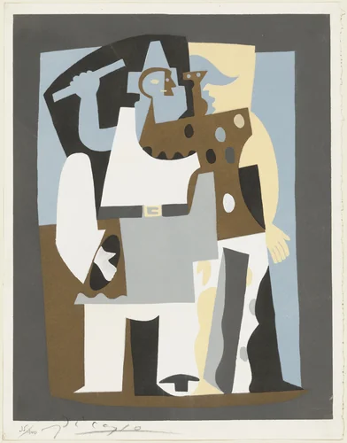 Pierrot and Brown Harlequin, Standing from the series Dix Pochoirs by Pablo Picasso, print, 1921