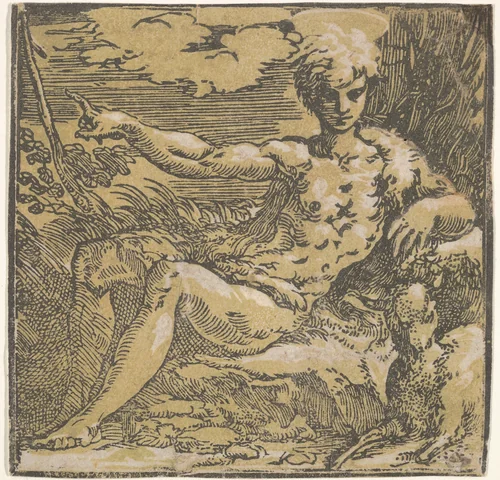 Saint John the Baptist in the desert, a lamb by his side by Antonio da Trento, print, 1522-1532