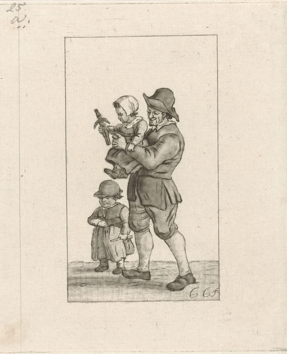 Vader met twee kinderen by Pieter de Mare, print, 1779