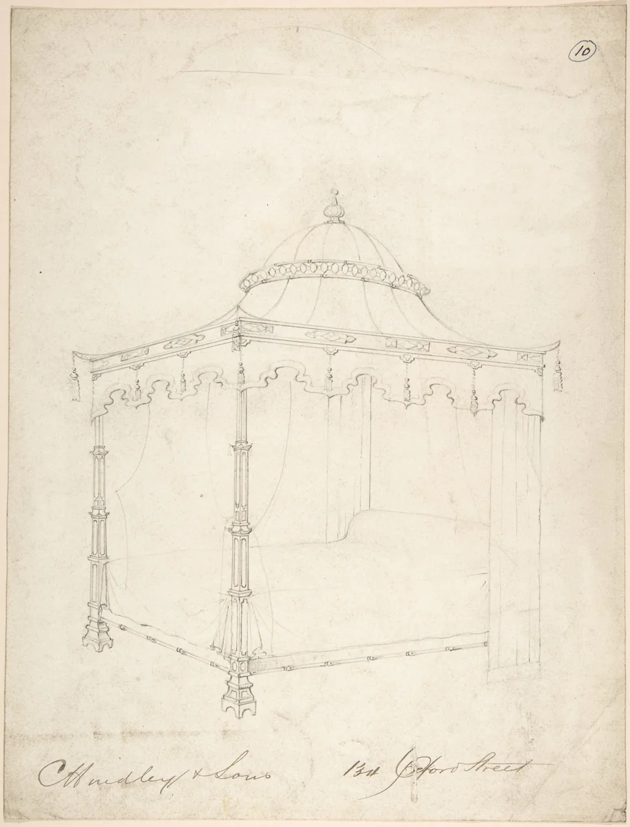 Design for Bed and Canopy by Charles Hindley and Sons, drawing, 1841-1884