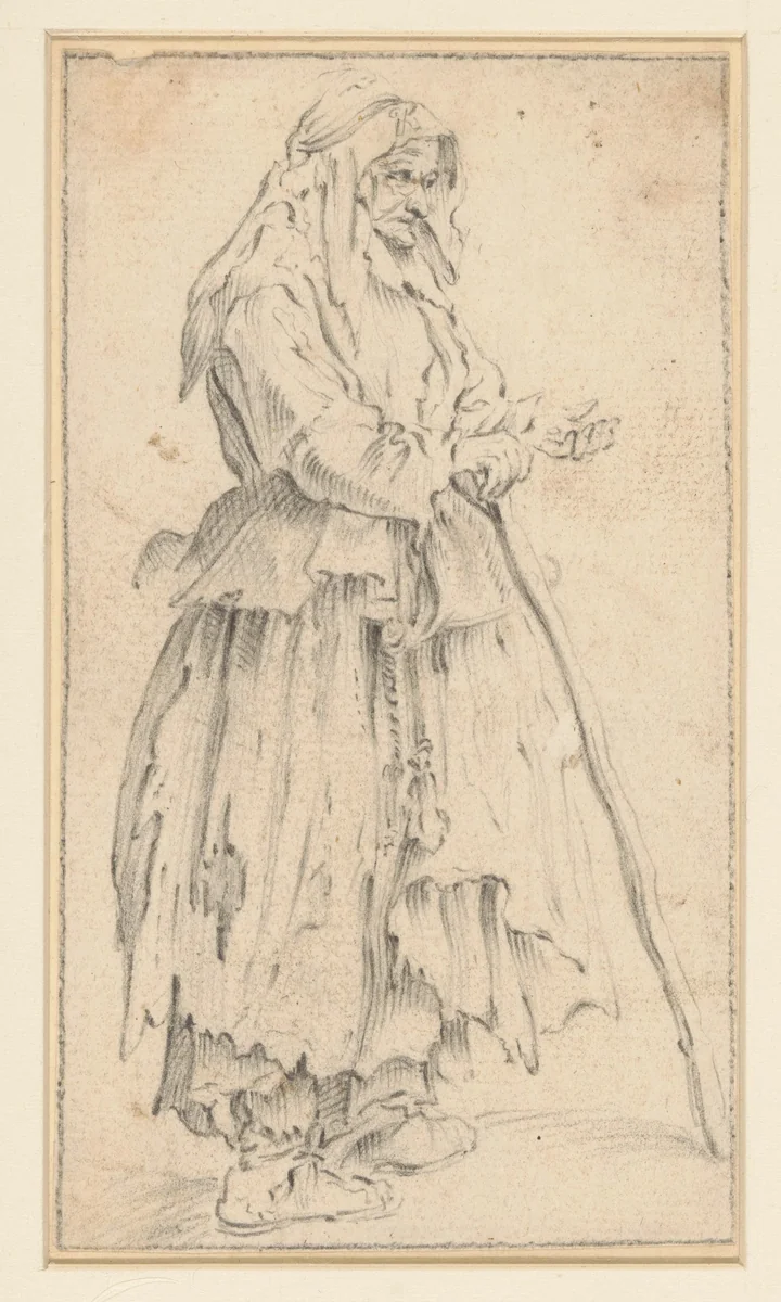 Bedelares met stok, naar rechts by anonymous, drawing, 1620-1700