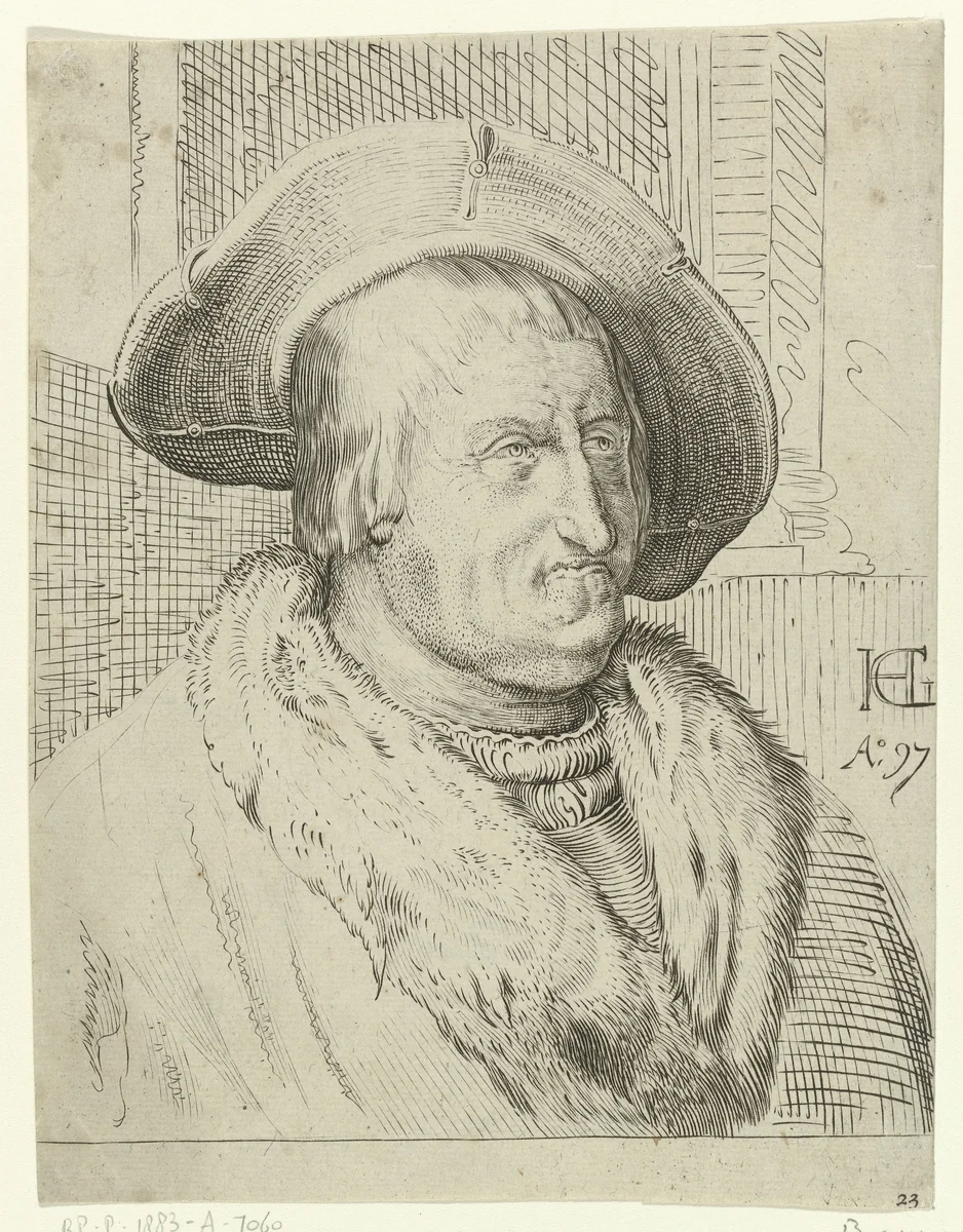 Portret van een oude man met hoed by anonymous, print, 1597