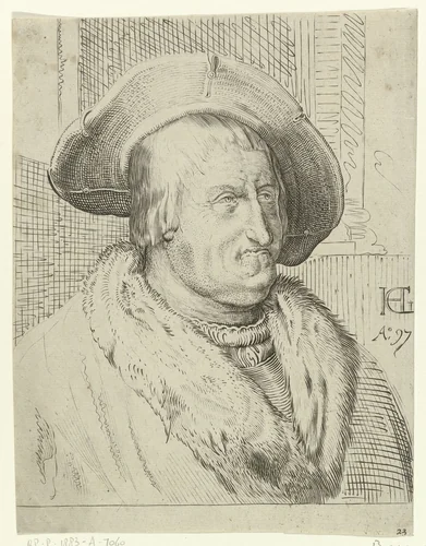 Portret van een oude man met hoed by anonymous, print, 1597