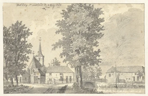 Gezicht in het dorp Nieuwland, met de kerk by Jan de Beijer, drawing, 1750