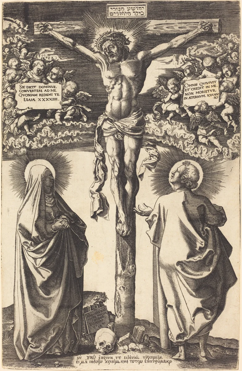 Christ on the Cross with the Virgin and Saint John by Hans Brosamer, print, 1542