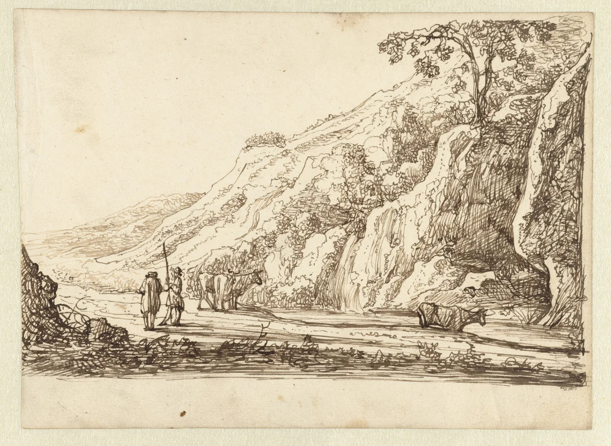Landschap met herders en koeien by Jan van Almeloveen, drawing, 1662-1690