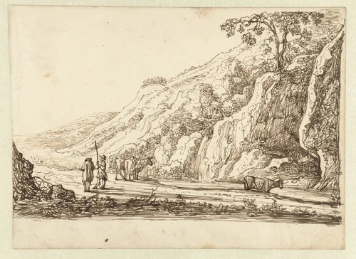 Landschap met herders en koeien by Jan van Almeloveen, drawing, 1662-1690