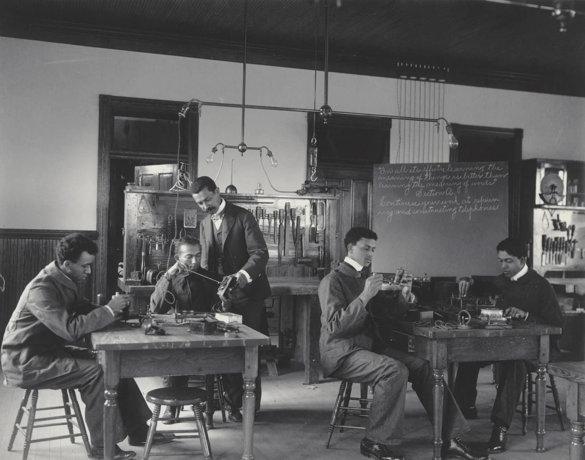Post-graduates in telephone construction by Frances Benjamin Johnston, photograph, 1899