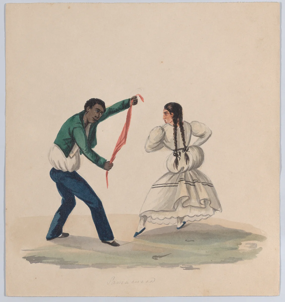A man and woman dancing the Zamacueca, from a group of drawings depicting Peruvian dress by Francisco Fierro, drawing, 1843-1853