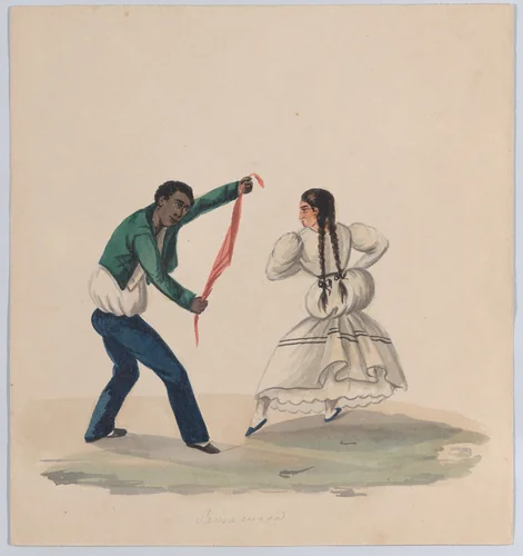 A man and woman dancing the Zamacueca, from a group of drawings depicting Peruvian dress by Francisco Fierro, drawing, 1843-1853
