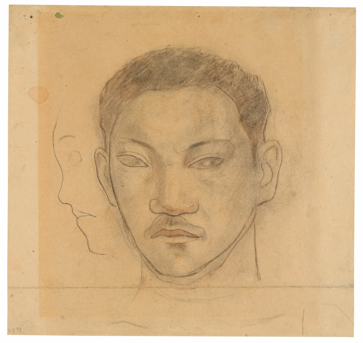 Head of a Tahitian with Profile of Second Head to His Right by Paul Gauguin, drawing, 1891-1893