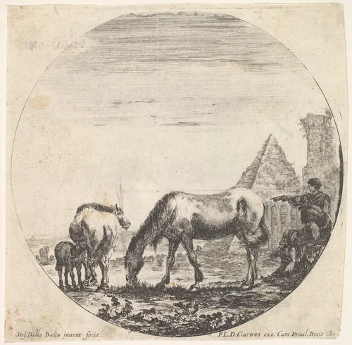 Plate 11: the pyramid of Caius Cestius, a horse grazing, a foal suckling a mare, a seated shepherd and another standing, from "Roman landscapes and ruins" (Paysages et ruines de Rome) by Stefano della Bella, print, 1643-1648