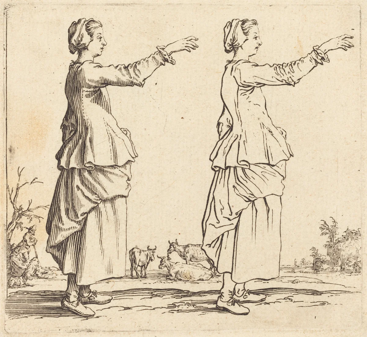 Peasant Woman, in Profile, Facing Right, with Arm Extended by Jacques Callot, print, 1621-1624
