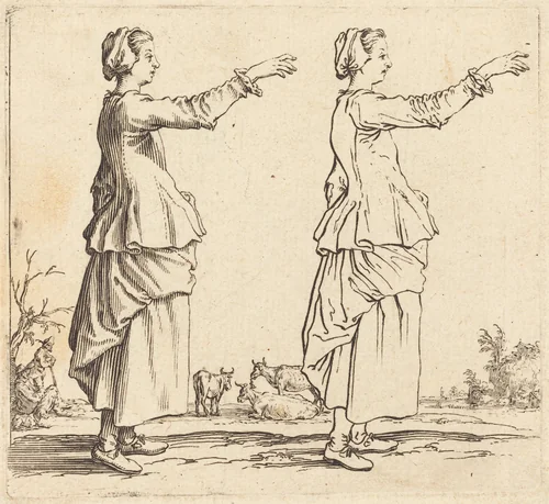 Peasant Woman, in Profile, Facing Right, with Arm Extended by Jacques Callot, print, 1621-1624