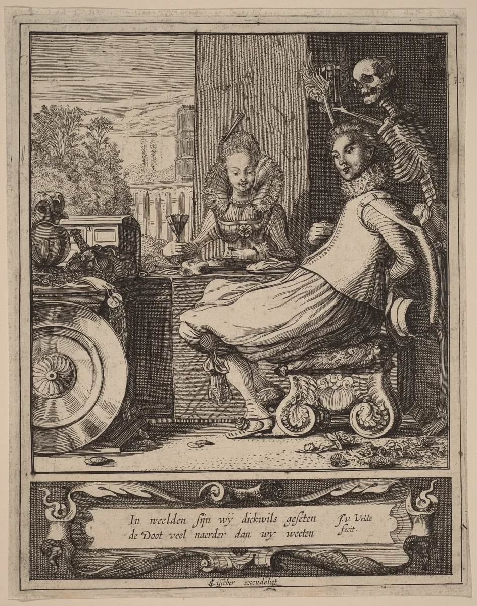 Death Taking a Couple by Surprise by Jan van de Velde Claes Jansz Visscher, print, 1593-1641