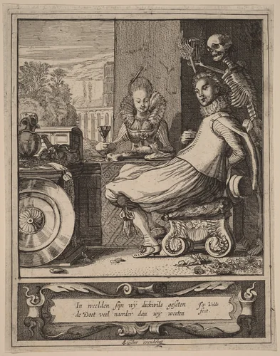 Death Taking a Couple by Surprise by Jan van de Velde Claes Jansz Visscher, print, 1593-1641