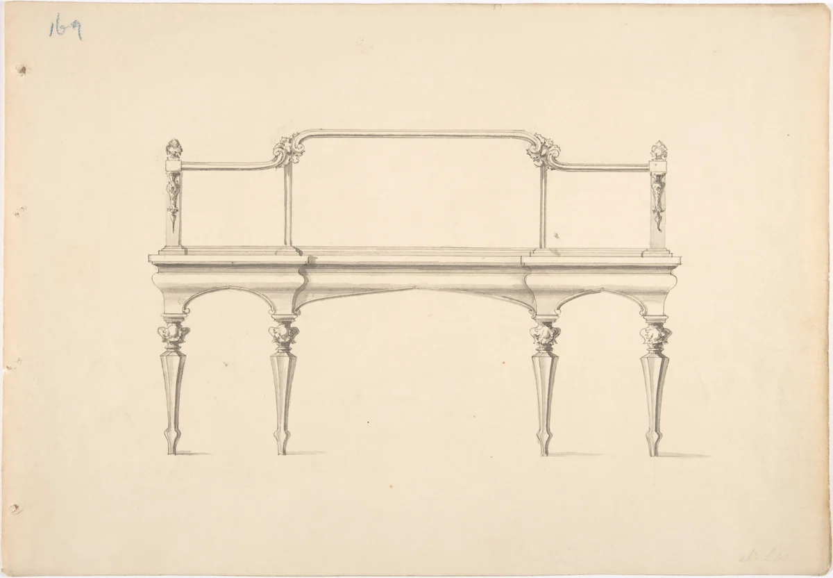 Design for a Mirrored Sideboard with Pointed Legs and Foliate Ornament by anonymous, drawing, 1800-1850