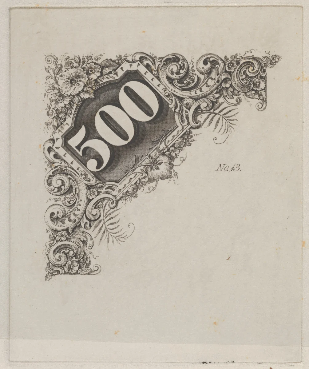 Banknote motif: number 500 in an ornamental frame by Cyrus Durand, print, 1819-1847