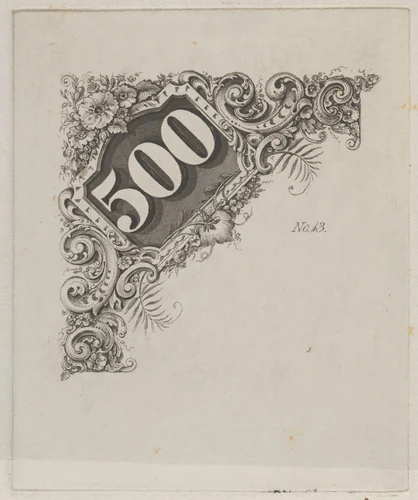 Banknote motif: number 500 in an ornamental frame by Cyrus Durand, print, 1819-1847