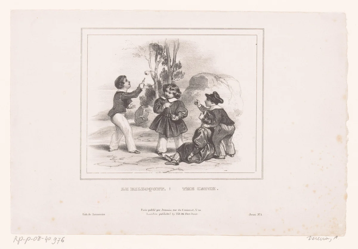 Vier kinderen spelen met een bilboquet by Achille Devéria, print, 1832