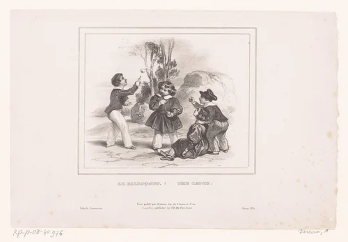Vier kinderen spelen met een bilboquet by Achille Devéria, print, 1832
