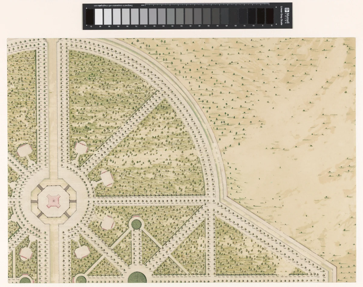 Gedeelte van een plattegrond met tuinaanleg by anonymous, drawing, 1700-1725