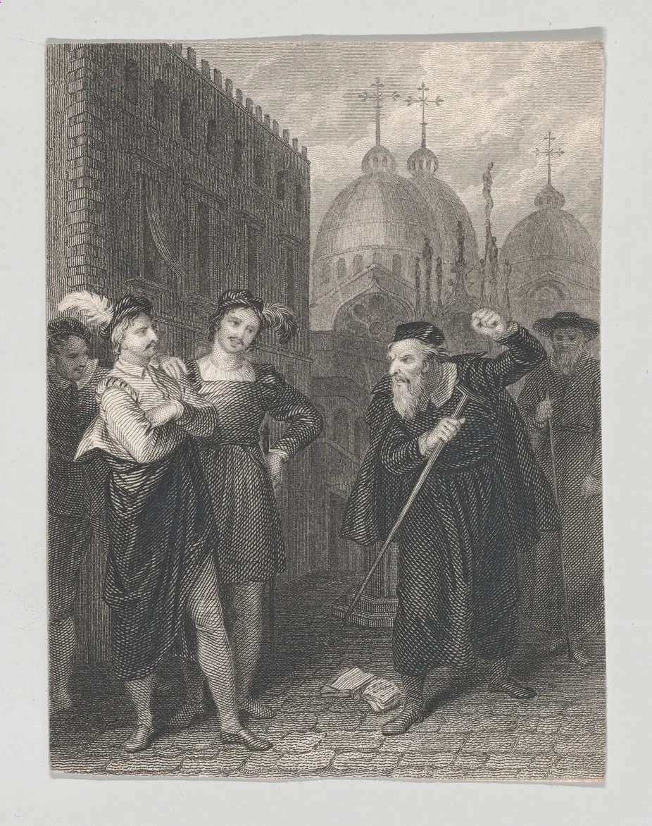 Salanio, Salerio and Shylock (Shakespeare, Merchant of Venice, Act 3, Scene 1) by John Massey Wright, print, 1825-1840