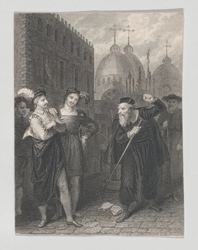 Salanio, Salerio and Shylock (Shakespeare, Merchant of Venice, Act 3, Scene 1) by John Massey Wright, print, 1825-1840