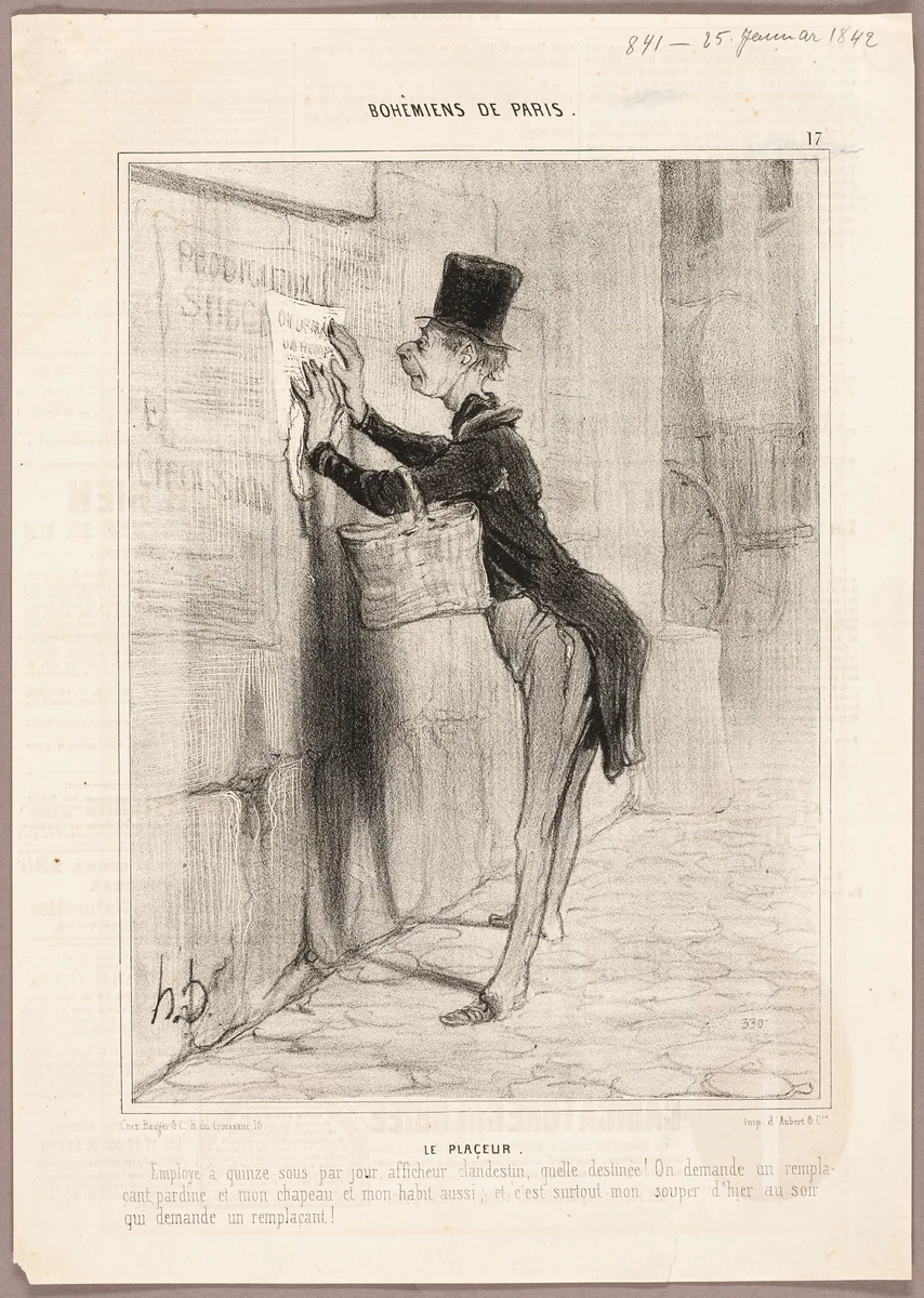 The Poster Man, plate 17 from Bohémiens de Paris by Honoré-Victorin Daumier, print, 1842