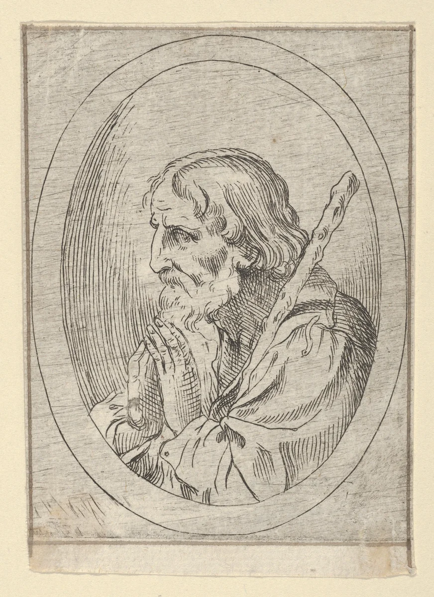 Saint Jude in prayer, seen in profile facing left with a staff resting on his shoulder, in an oval frame, from "Christ, the Virgin, and Thirteen Apostles" by anonymous, print, 1600-1640