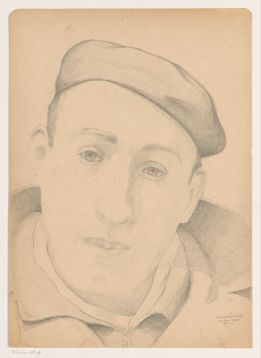 Zelfportret en face met pet: B-1-1, 21 januari by Cor van Teeseling, drawing, 1942