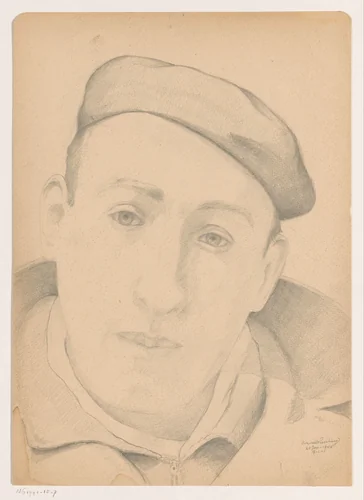 Zelfportret en face met pet: B-1-1, 21 januari by Cor van Teeseling, drawing, 1942