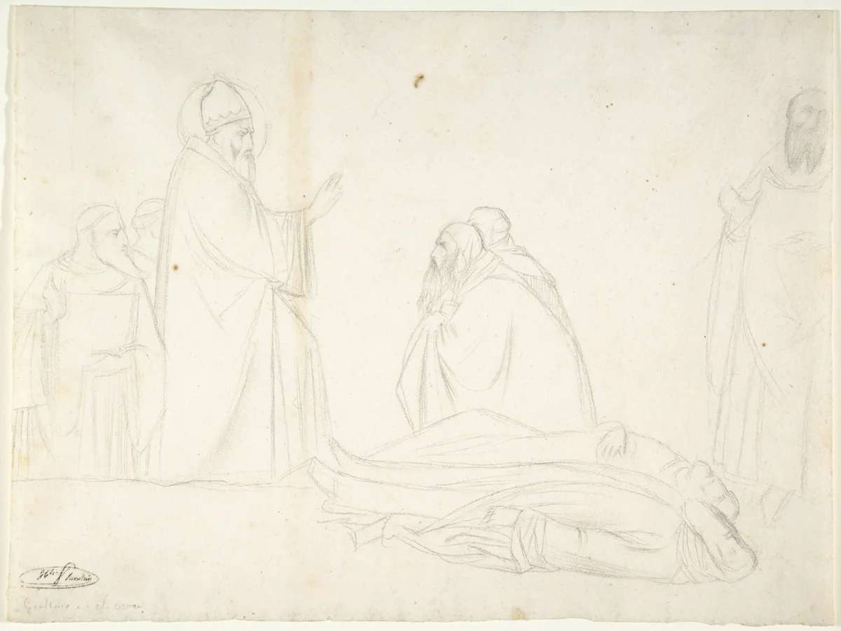Miracle of St. Sylvester; the Raising of Two Pagan Priests, after Maso di Banco, S. Croce, Florence by Hippolyte Flandrin, drawing, 1835-1838