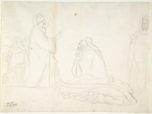 Miracle of St. Sylvester; the Raising of Two Pagan Priests, after Maso di Banco, S. Croce, Florence by Hippolyte Flandrin, drawing, 1835-1838