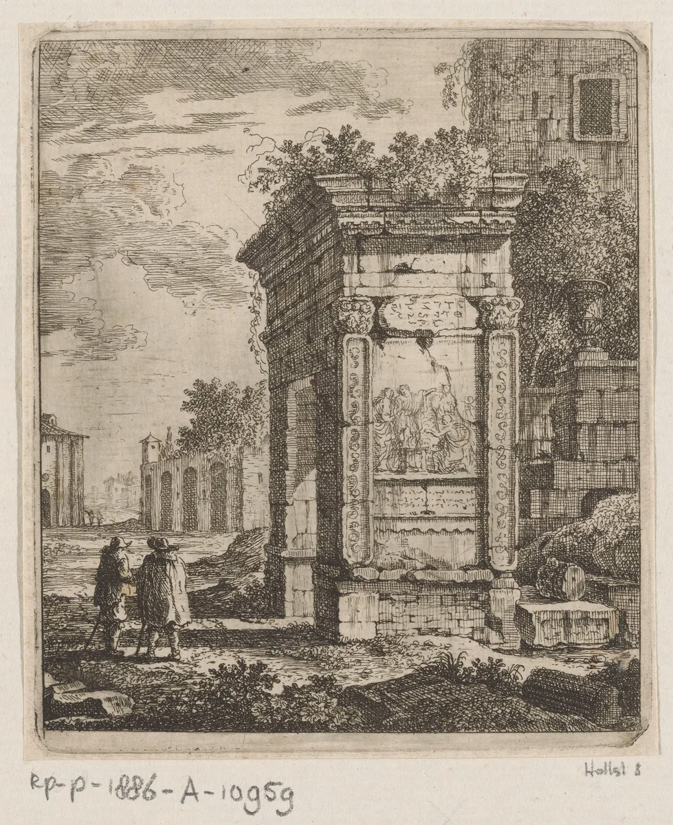Twee mannen naast de ruïne van een poort in Rome by Johann Franz Ermels, print, 1651-1693