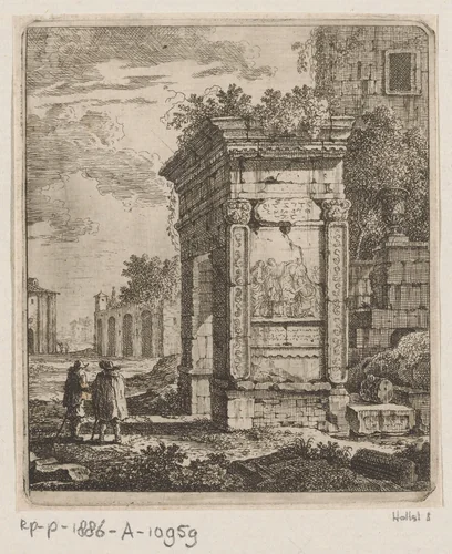 Twee mannen naast de ruïne van een poort in Rome by Johann Franz Ermels, print, 1651-1693
