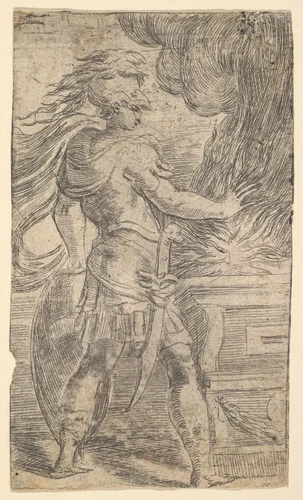 Mutius Scaevola placing his hand in the flames (left half of a composition, the right half of which shows a woman extending her right arm towards an altar) by Andrea Schiavone, print, 1535-1545